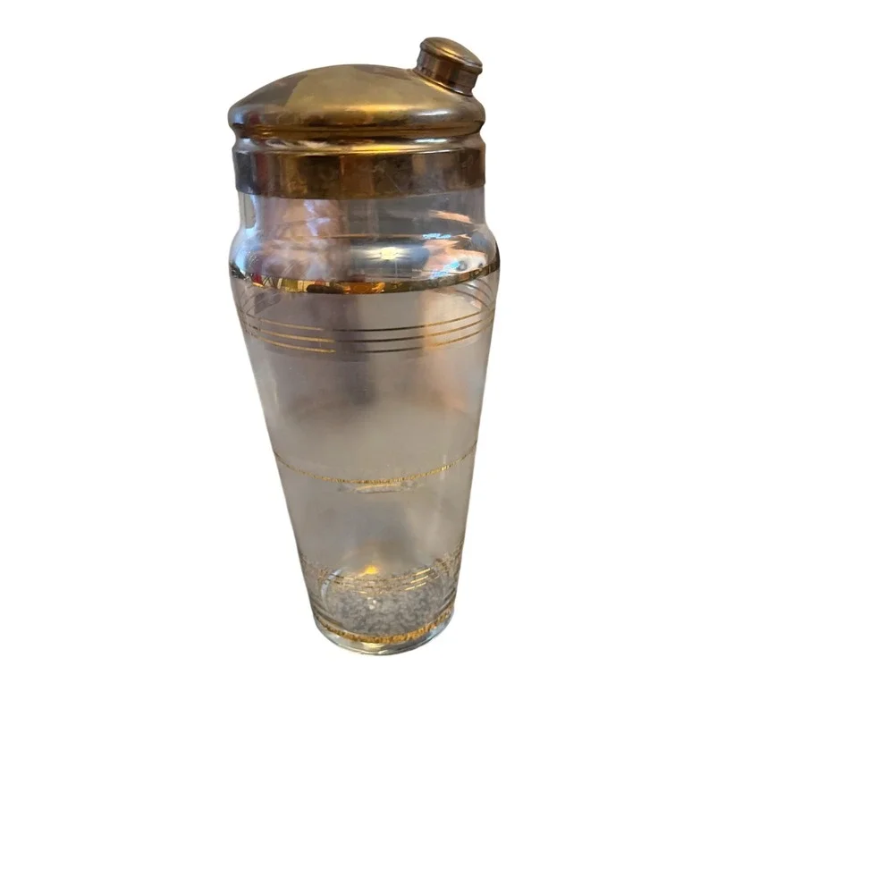 Vintage Frosted Glass Cocktail Shaker Gold Banded MCM Barware with Metal Lid